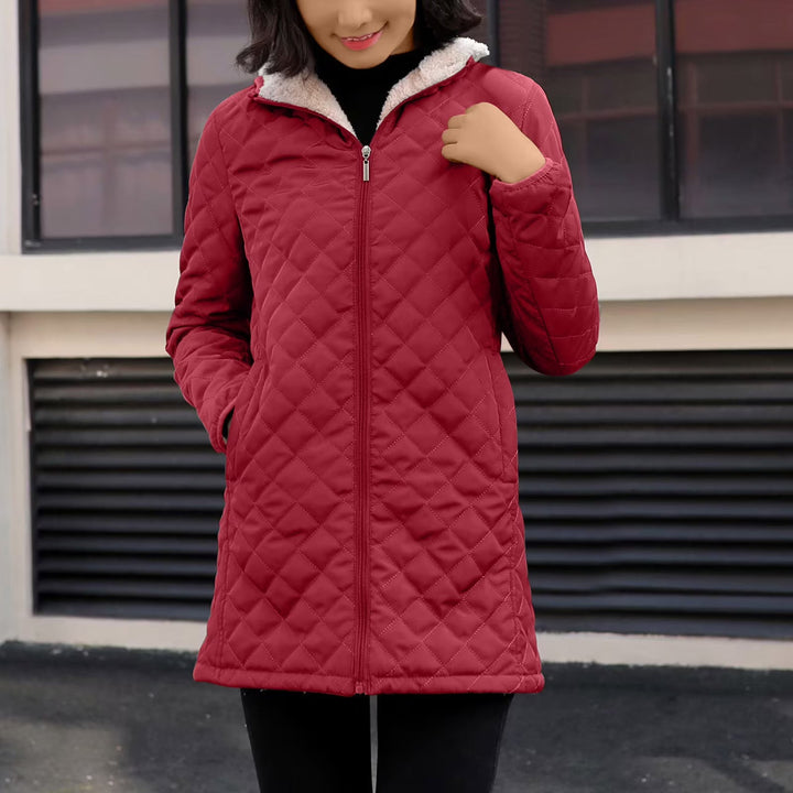 Hooded Quilted Jacket Womens Longline Diamond Quilt Sherpa Lined Hood - image 3