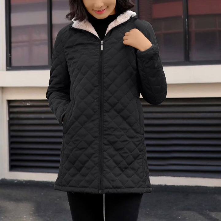 Hooded Quilted Jacket Womens Longline Diamond Quilt Sherpa Lined Hood - image 1