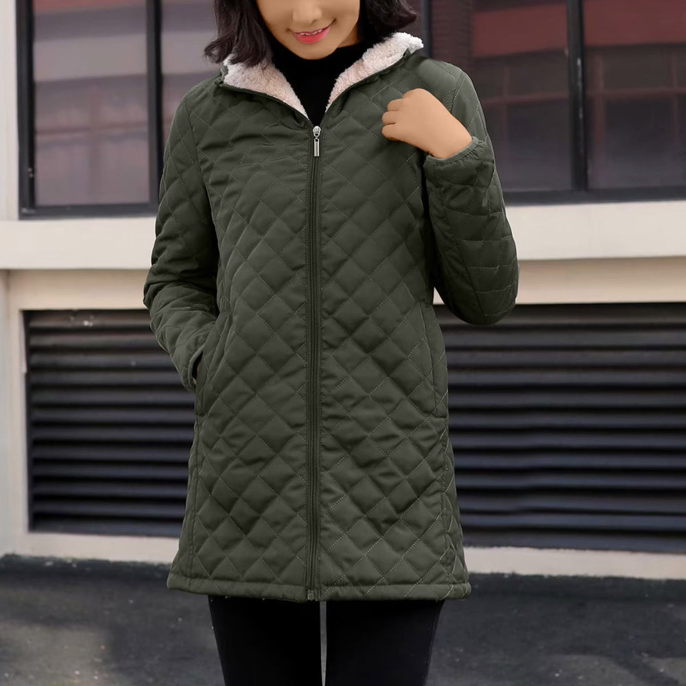 Hooded Quilted Jacket Womens Longline Diamond Quilt Sherpa Lined Hood - image 2