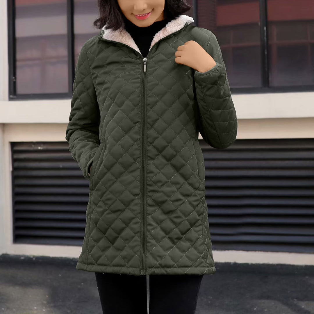 Hooded Quilted Jacket Womens Longline Diamond Quilt Sherpa Lined Hood - image 2