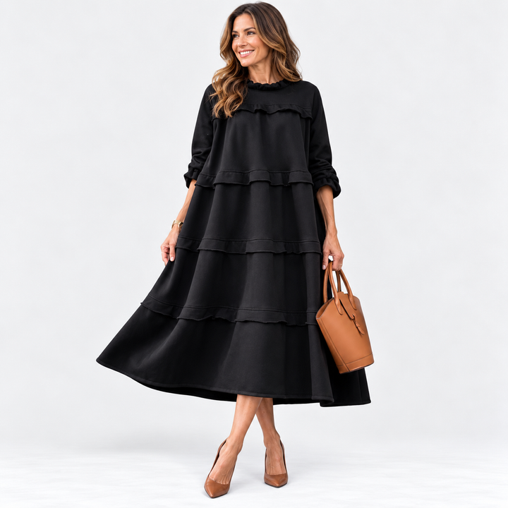 Tiered Midi Dress Womens Smock Ruffle Long Sleeve Relaxed Fit - image 1