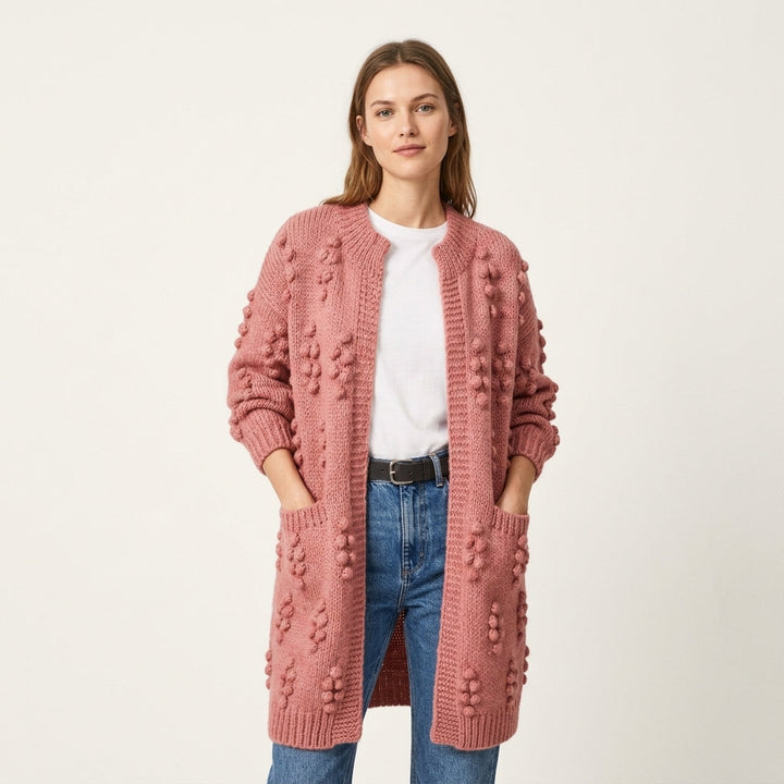 Longline Cardigan Womens Chunky Knit Bobble Detail Open Front Pockets - image 1