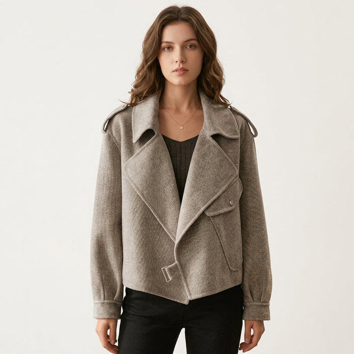Biker Jacket Womens Wool Blend Cropped Wide Collar Belted Hem - image 1