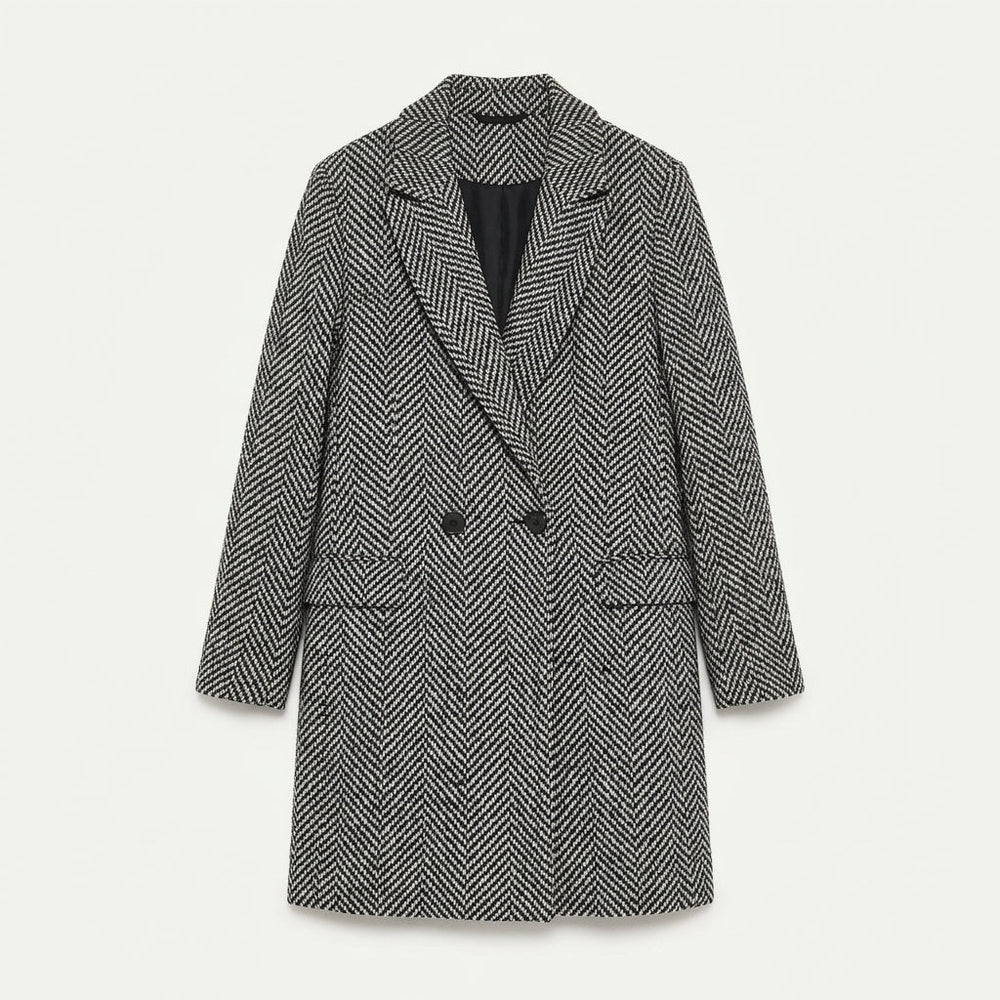 Houndstooth Coat Womens Longline Tweed Notch Lapel Quilted Lining - image 2