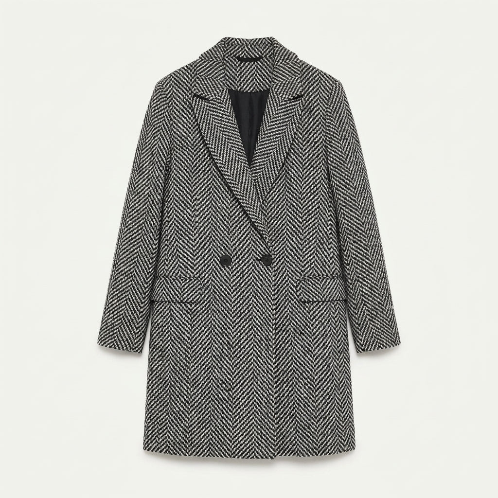Houndstooth Coat Womens Longline Tweed Notch Lapel Quilted Lining - image 2