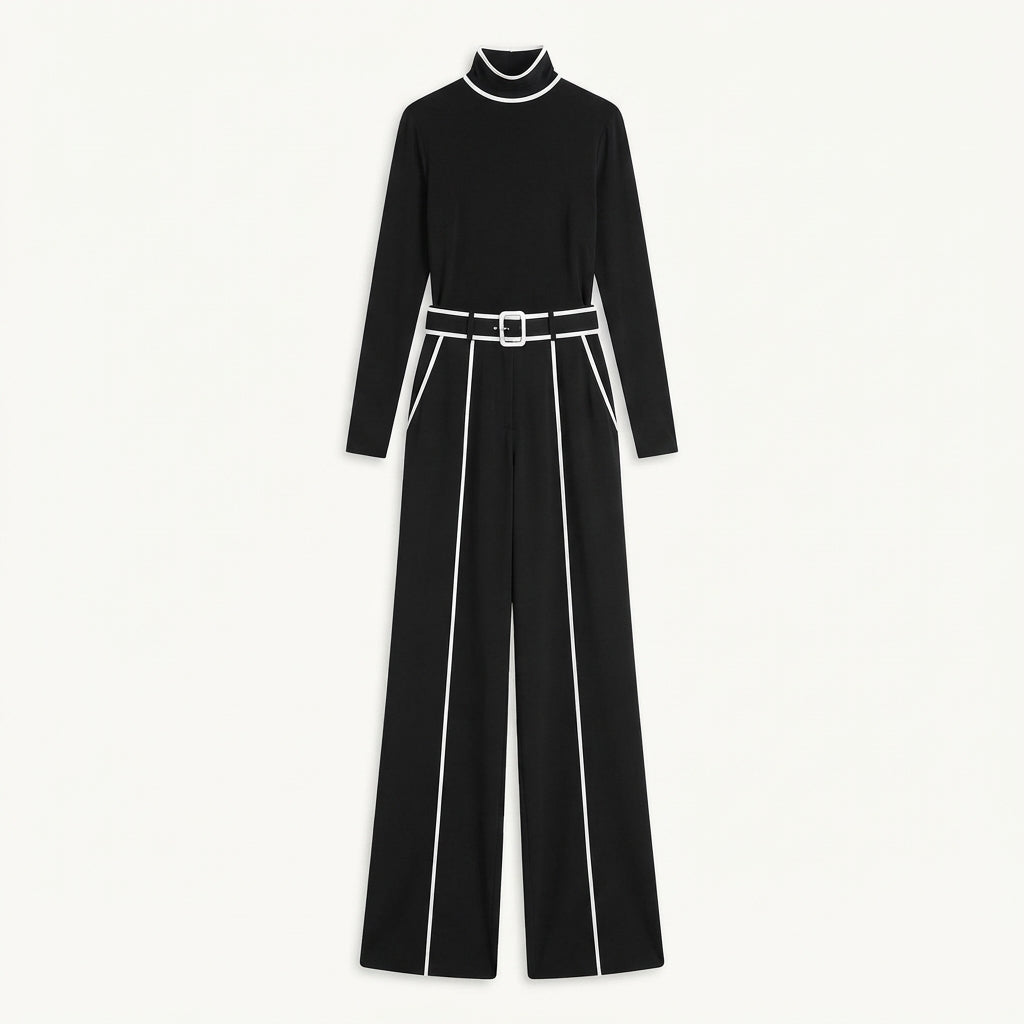 Wide Leg Trouser Set Womens Roll Neck Top Contrast Piping Belted - image 2