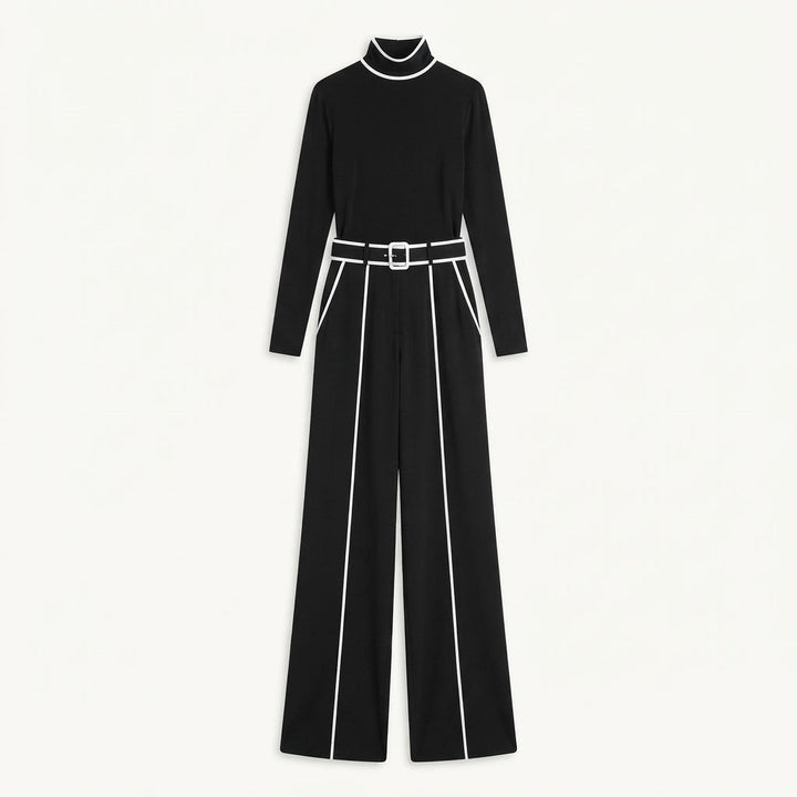 Wide Leg Trouser Set Womens Roll Neck Top Contrast Piping Belted - image 2