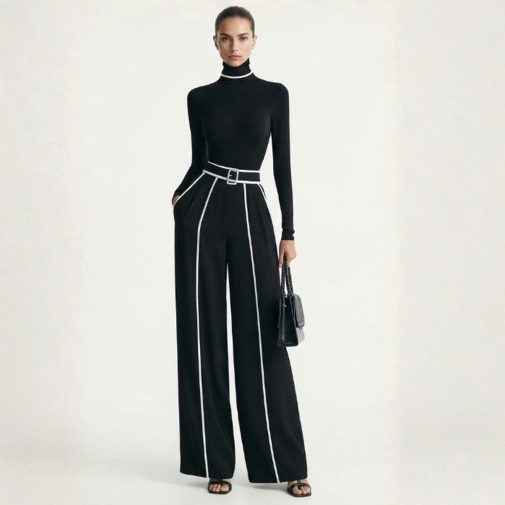 Wide Leg Trouser Set Womens Roll Neck Top Contrast Piping Belted - image 1