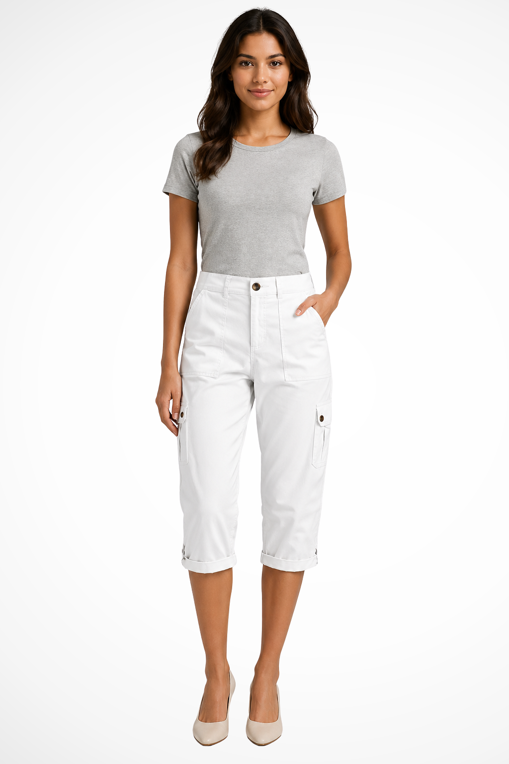 Cargo Trousers Womens Cropped Side Pockets Relaxed Fit
