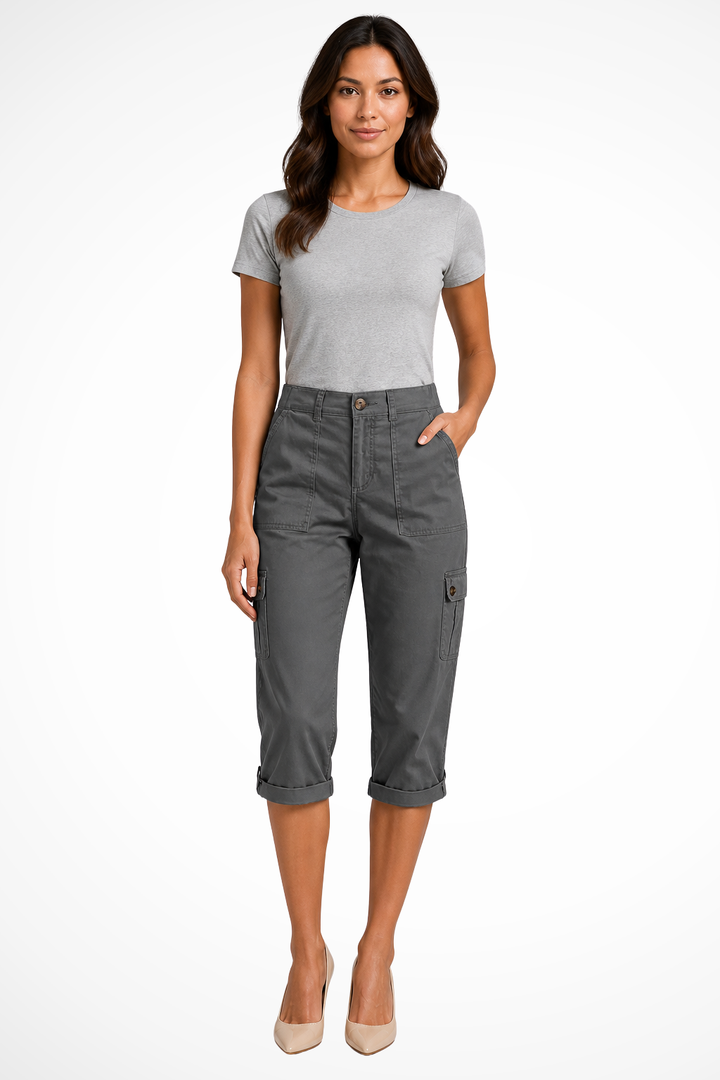 Cargo Trousers Womens Cropped Side Pockets Relaxed Fit