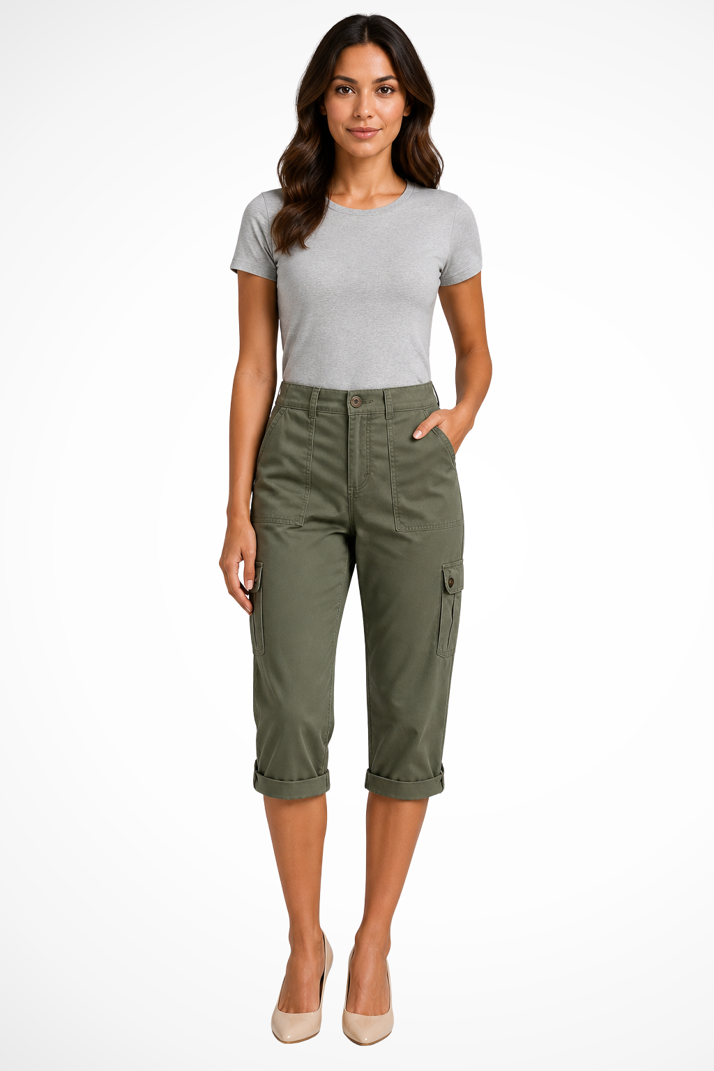 Cargo Trousers Womens Cropped Side Pockets Relaxed Fit