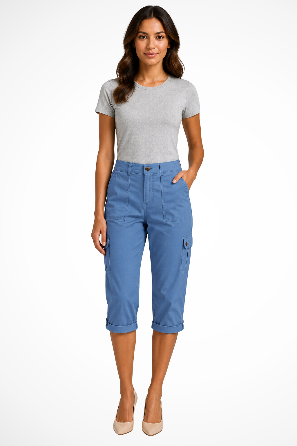 Cargo Trousers Womens Cropped Side Pockets Relaxed Fit