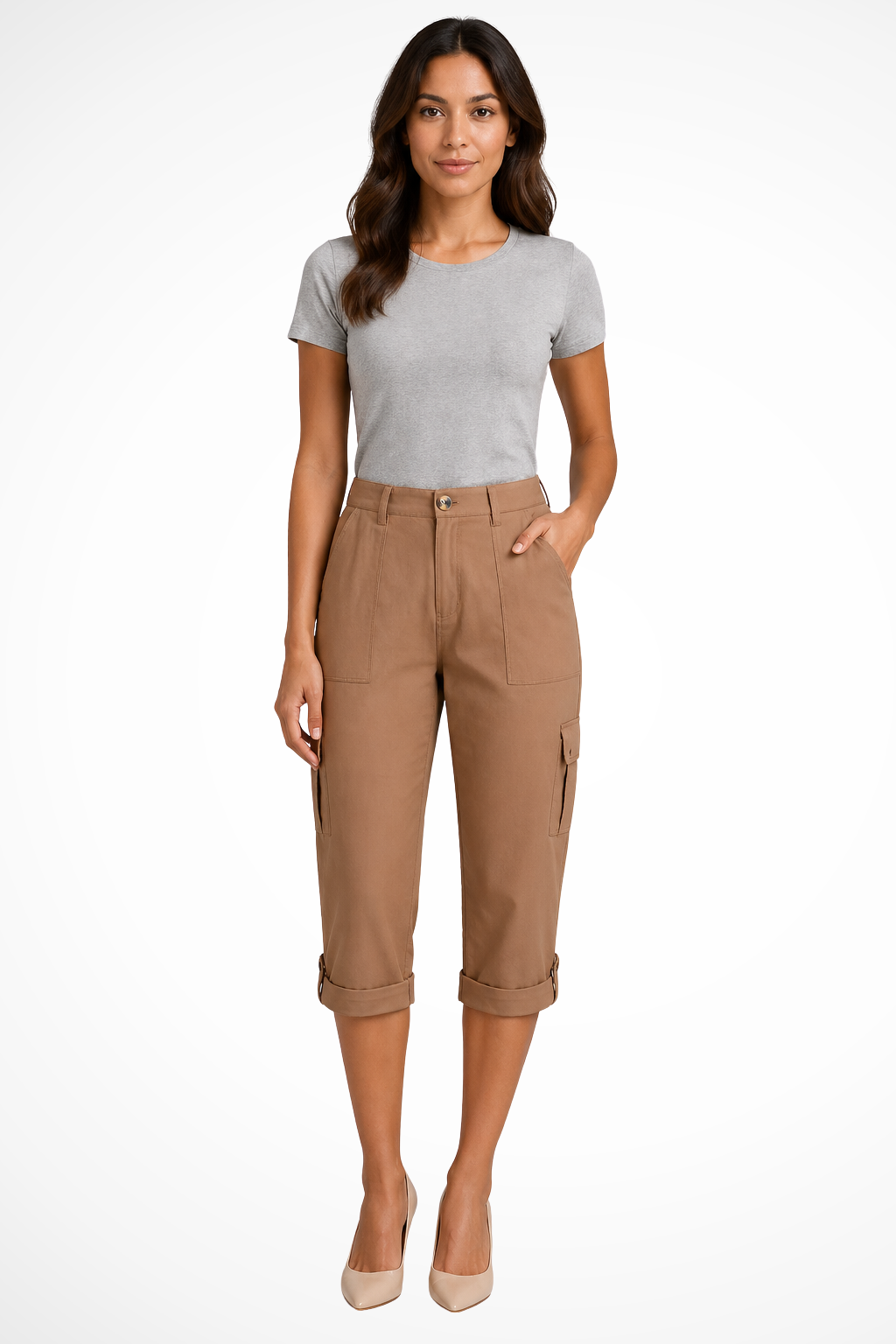 Cargo Trousers Womens Cropped Side Pockets Relaxed Fit