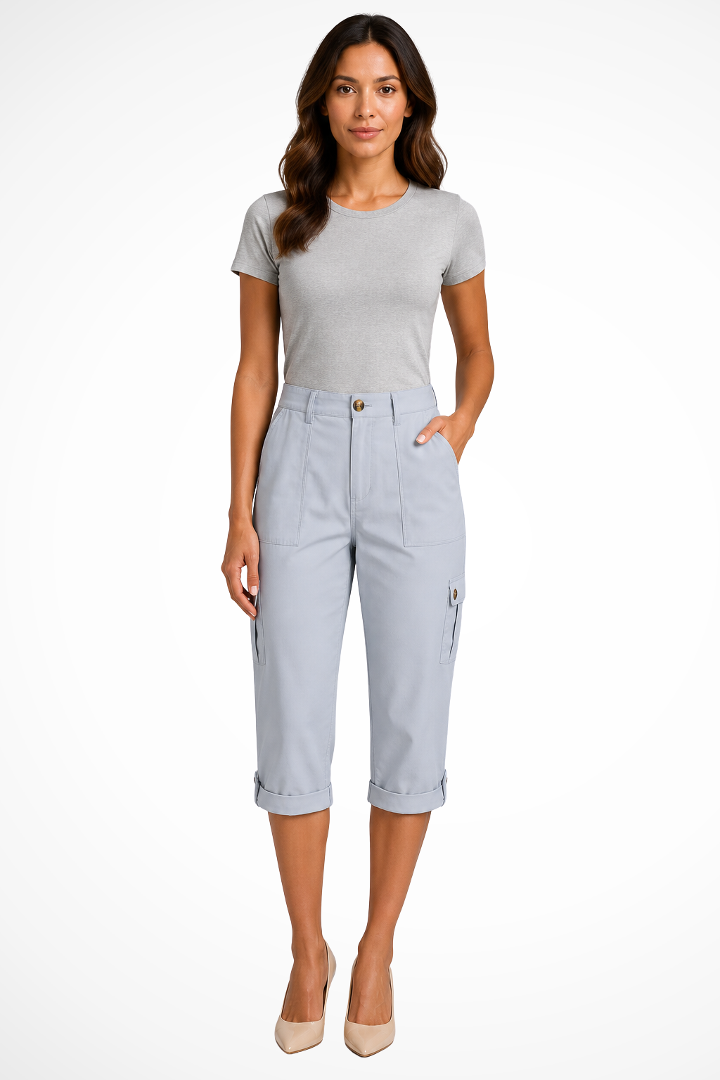 Cargo Trousers Womens Cropped Side Pockets Relaxed Fit