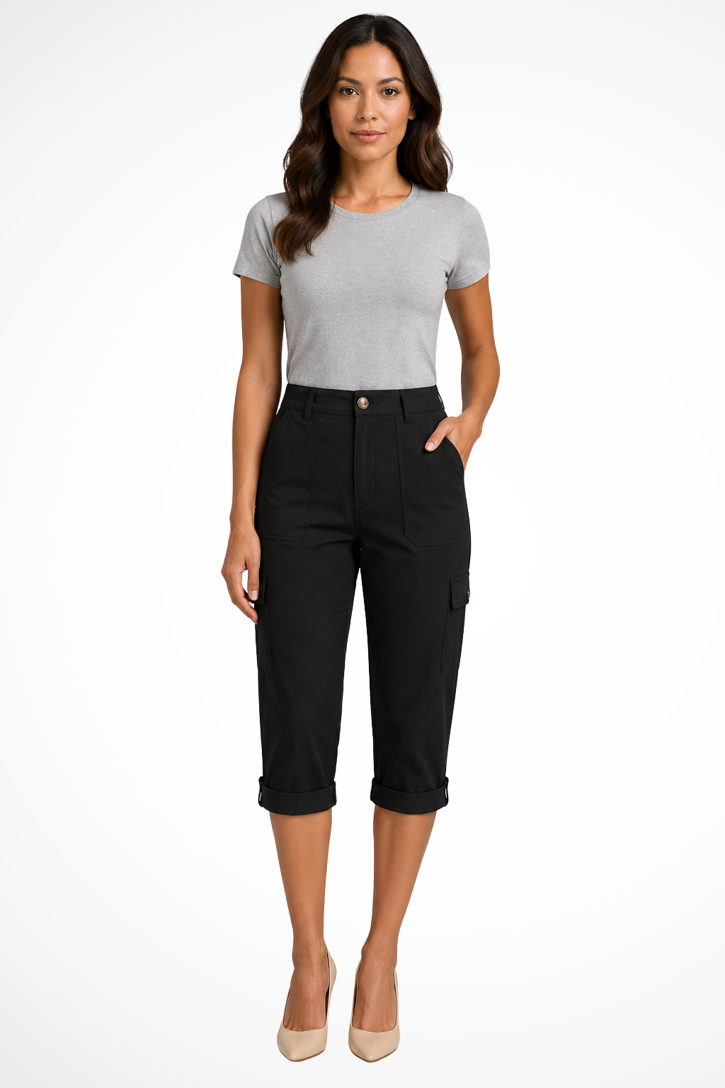 Cargo Trousers Womens Cropped Side Pockets Relaxed Fit