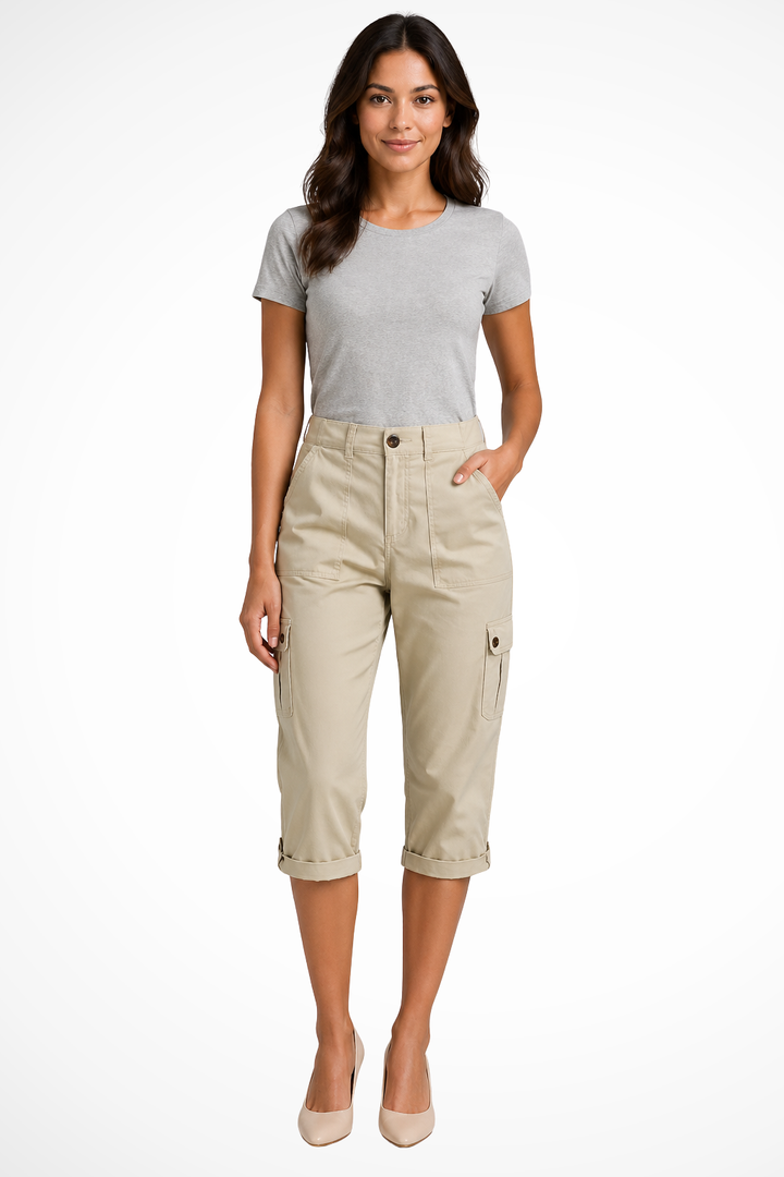 Cargo Trousers Womens Cropped Side Pockets Relaxed Fit