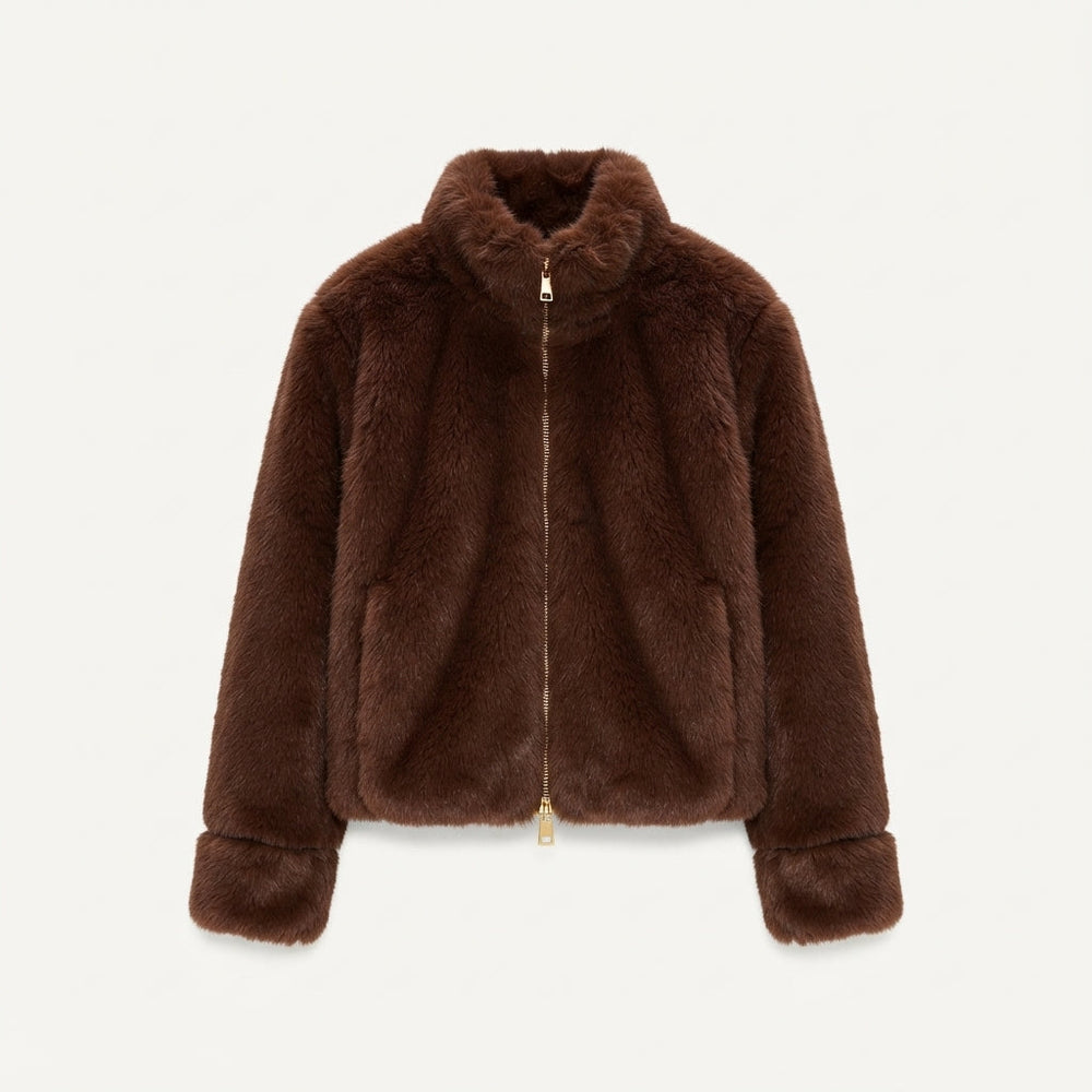Faux Fur Jacket Womens Cropped Stand Collar Long Sleeve - image 2