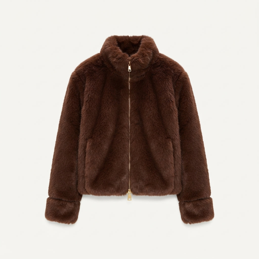 Faux Fur Jacket Womens Cropped Stand Collar Long Sleeve - image 2