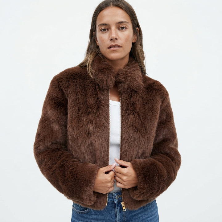 Faux Fur Jacket Womens Cropped Stand Collar Long Sleeve - image 1