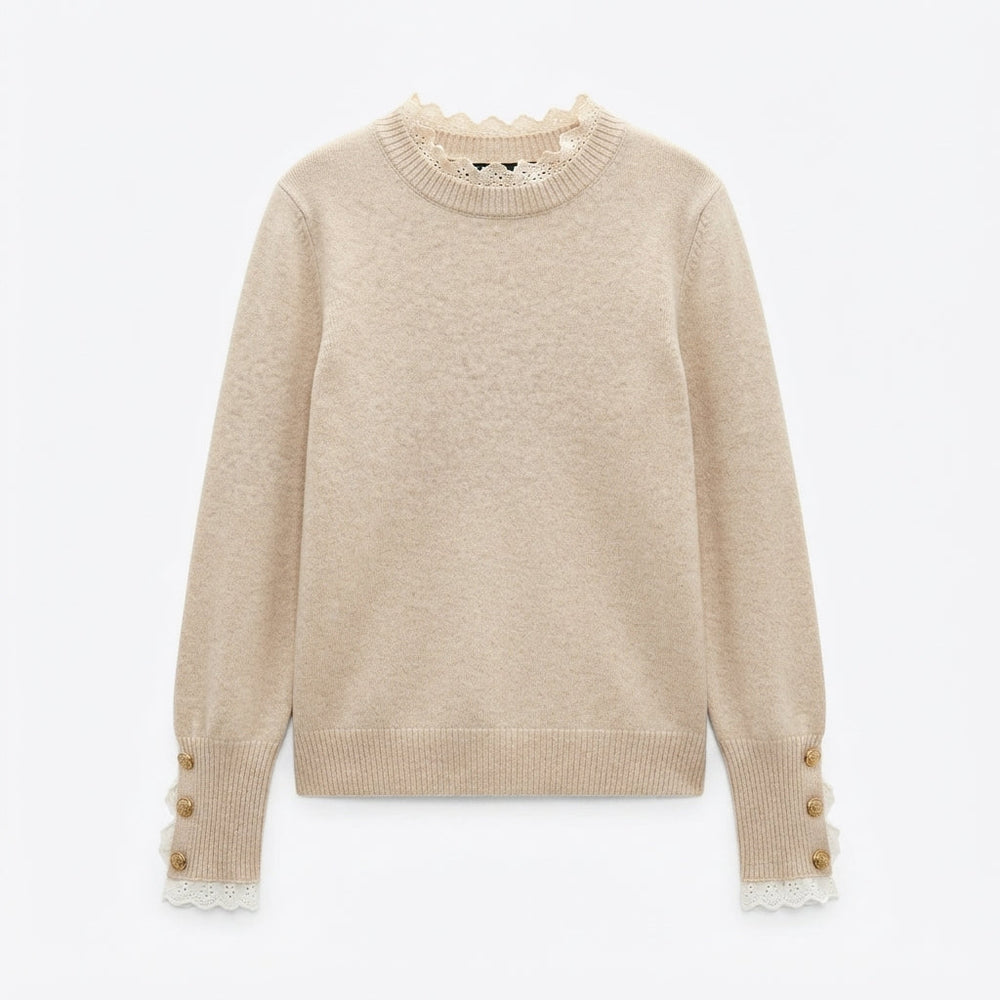 Lace Trim Jumper Womens Button Cuffs Frill Neck Fine Knit - image 2