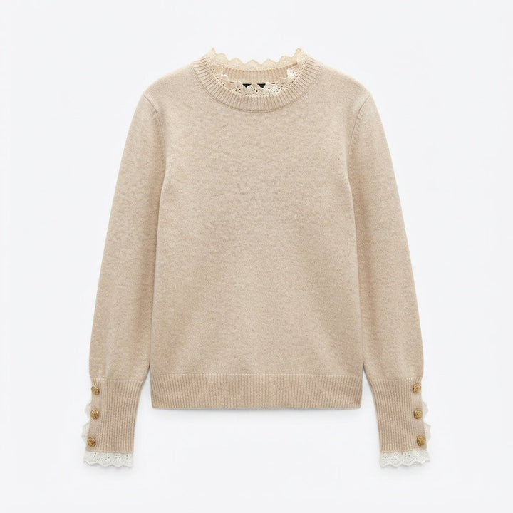 Lace Trim Jumper Womens Button Cuffs Frill Neck Fine Knit - image 2