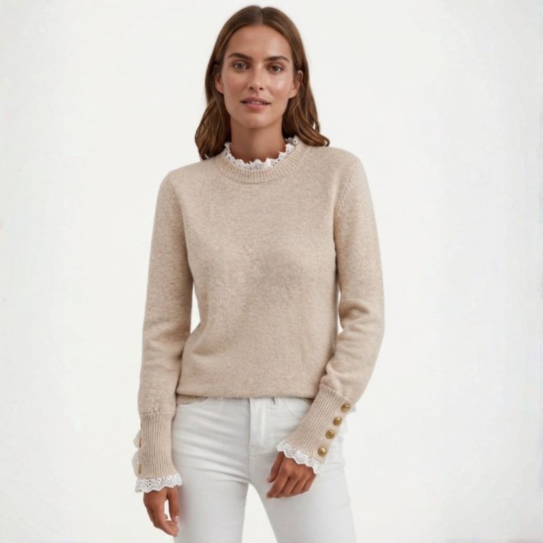 Lace Trim Jumper Womens Button Cuffs Frill Neck Fine Knit - image 1