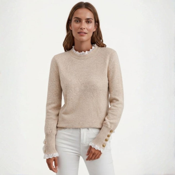 Lace Trim Jumper Womens Button Cuffs Frill Neck Fine Knit - image 1