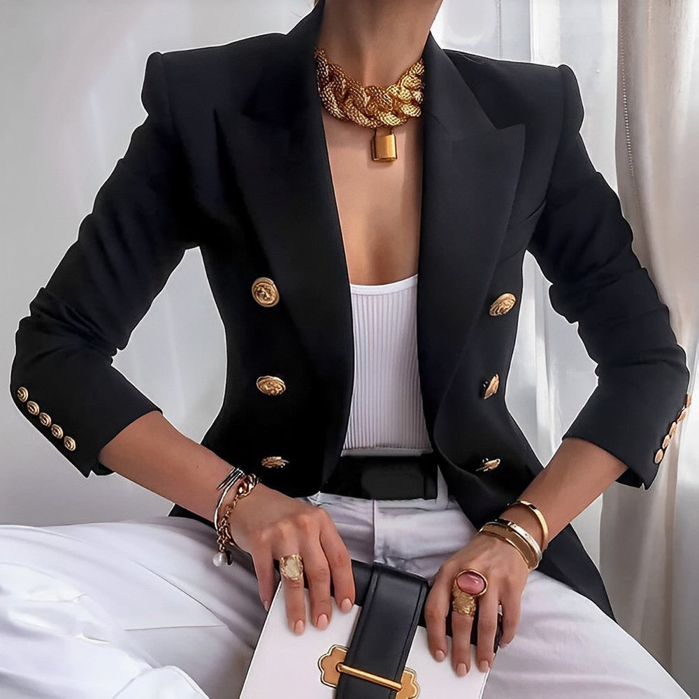 Double Breasted Blazer Womens Gold Buttons Peak Lapel Slim Fit Tailored Workwear - image 2