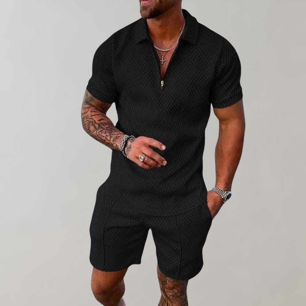 Two Piece Set Mens Zip Neck Polo Shirt Shorts Jacquard Texture Resort - image 6