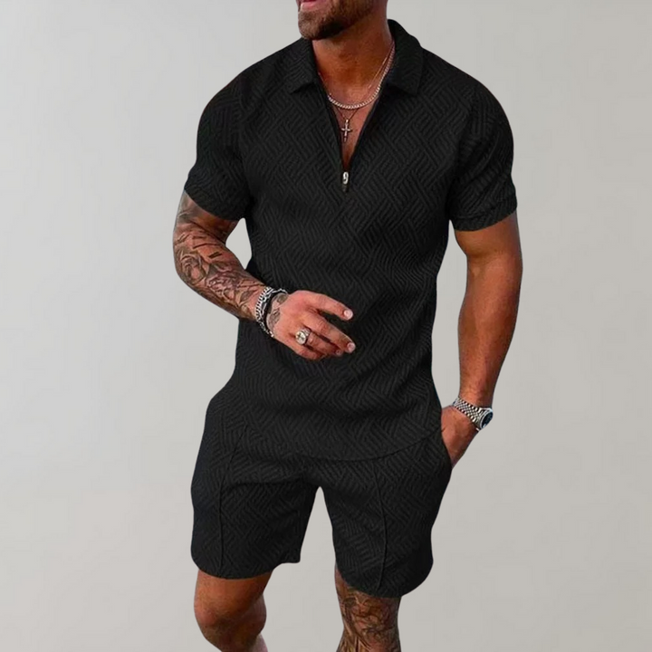 Two Piece Set Mens Zip Neck Polo Shirt Shorts Jacquard Texture Resort - image 6