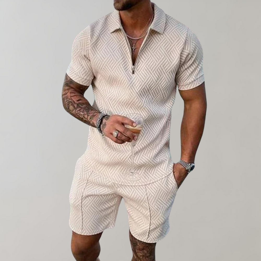 Two Piece Set Mens Zip Neck Polo Shirt Shorts Jacquard Texture Resort - image 4