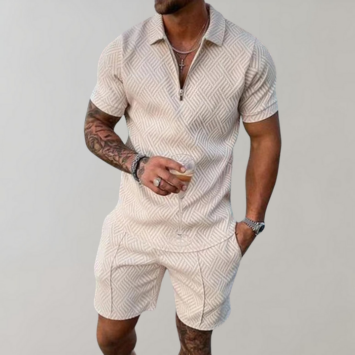 Two Piece Set Mens Zip Neck Polo Shirt Shorts Jacquard Texture Resort - image 4