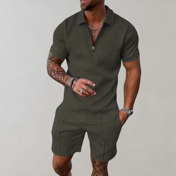 Two Piece Set Mens Zip Neck Polo Shirt Shorts Jacquard Texture Resort - image 5