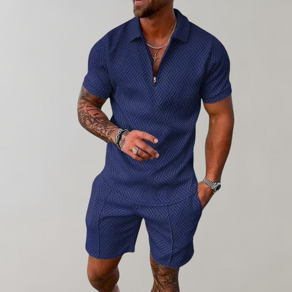 Two Piece Set Mens Zip Neck Polo Shirt Shorts Jacquard Texture Resort - image 1
