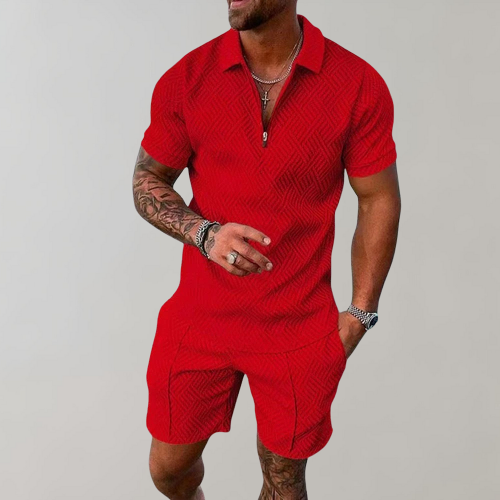 Two Piece Set Mens Zip Neck Polo Shirt Shorts Jacquard Texture Resort - image 3