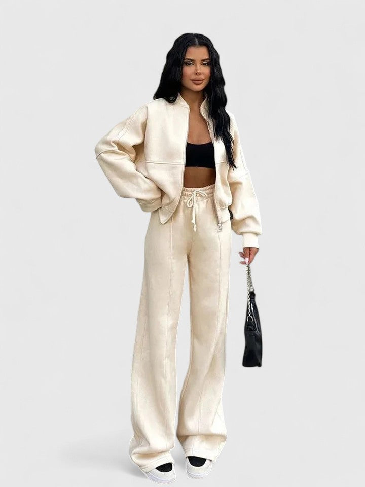 Knitted Two Piece Set Womens Zip Up Top Wide Leg Trousers Ribbed - image 3