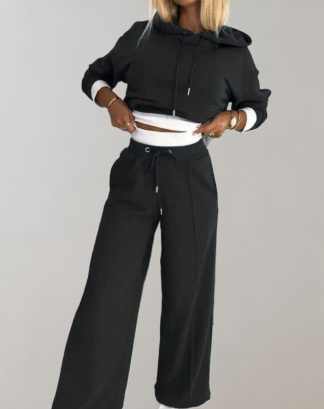 Tracksuit Womens Hoodie and Wide Leg Joggers Set Contrast Cuffs Drawstring Two Piece - image 1