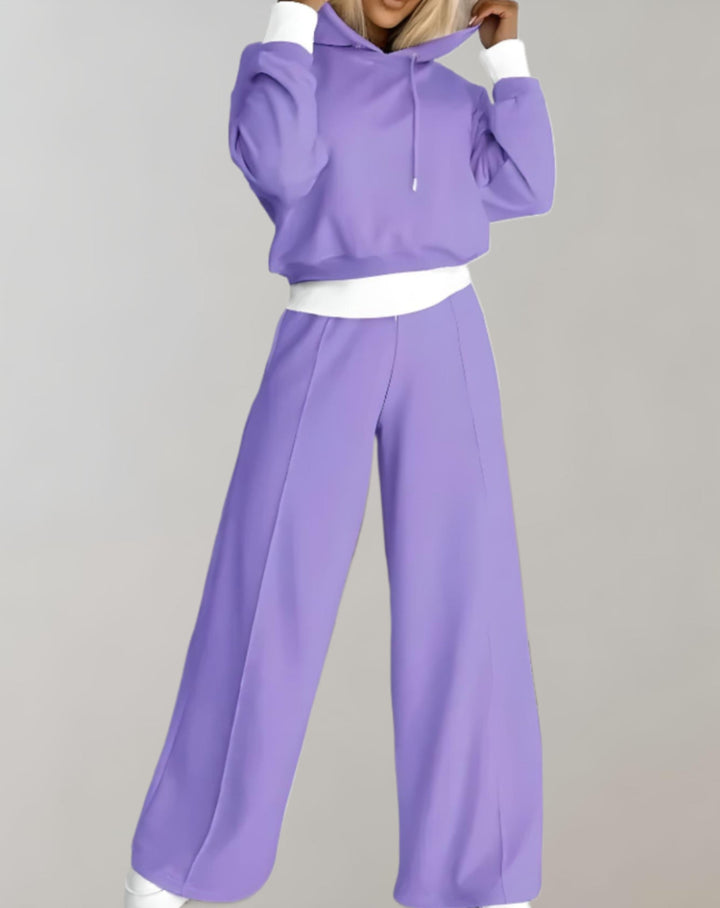 Tracksuit Womens Hoodie and Wide Leg Joggers Set Contrast Cuffs Drawstring Two Piece - image 2