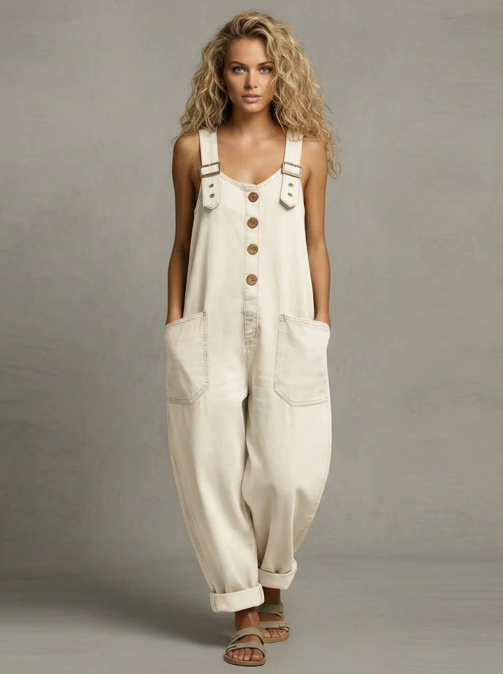 Denim Overalls Womens Relaxed Fit Button Front Patch Pockets