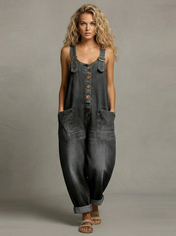Denim Overalls Womens Relaxed Fit Button Front Patch Pockets