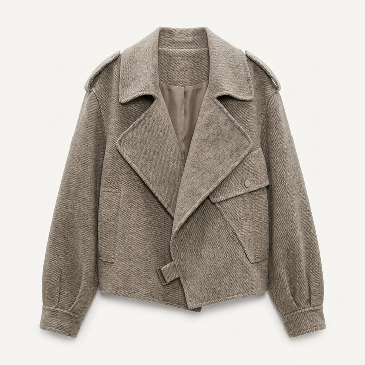 Biker Jacket Womens Wool Blend Cropped Wide Collar Belted Hem - image 2