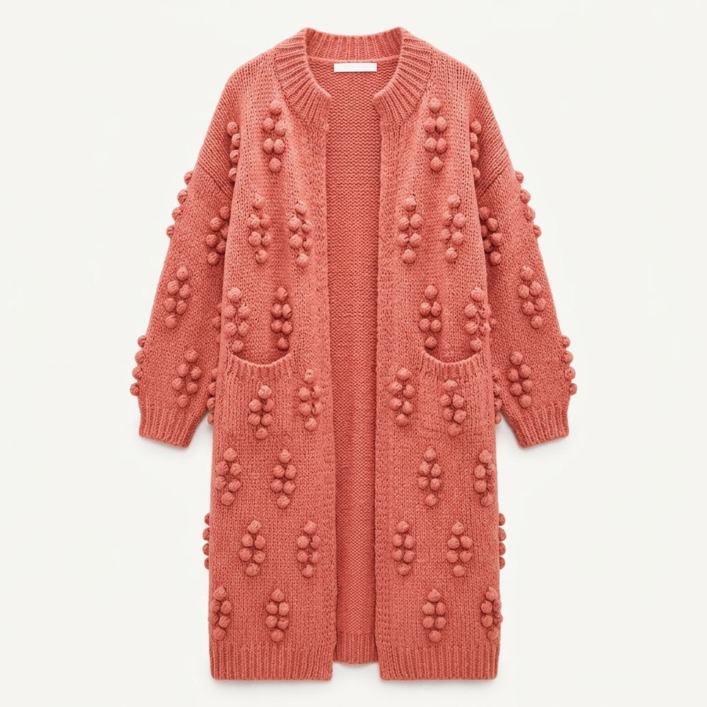 Longline Cardigan Womens Chunky Knit Bobble Detail Open Front Pockets - image 2