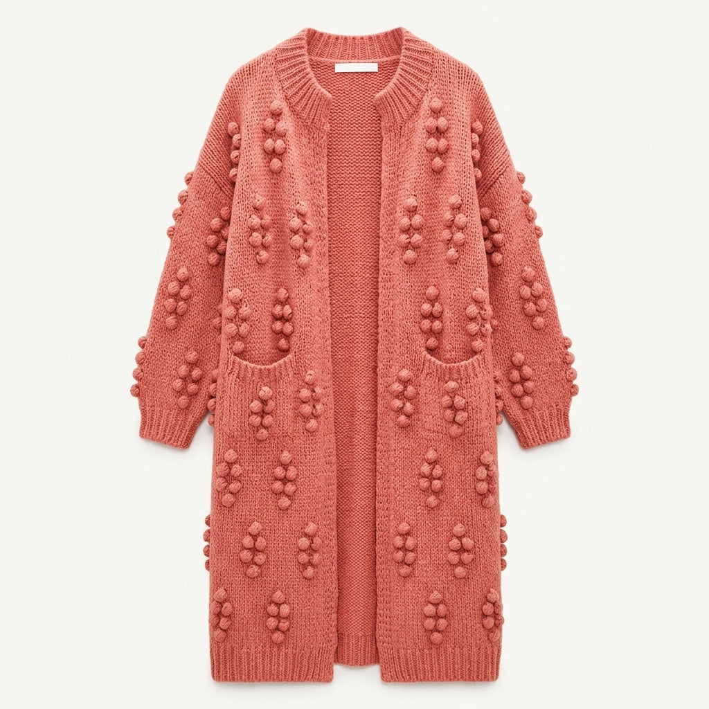 Longline Cardigan Womens Chunky Knit Bobble Detail Open Front Pockets - image 2