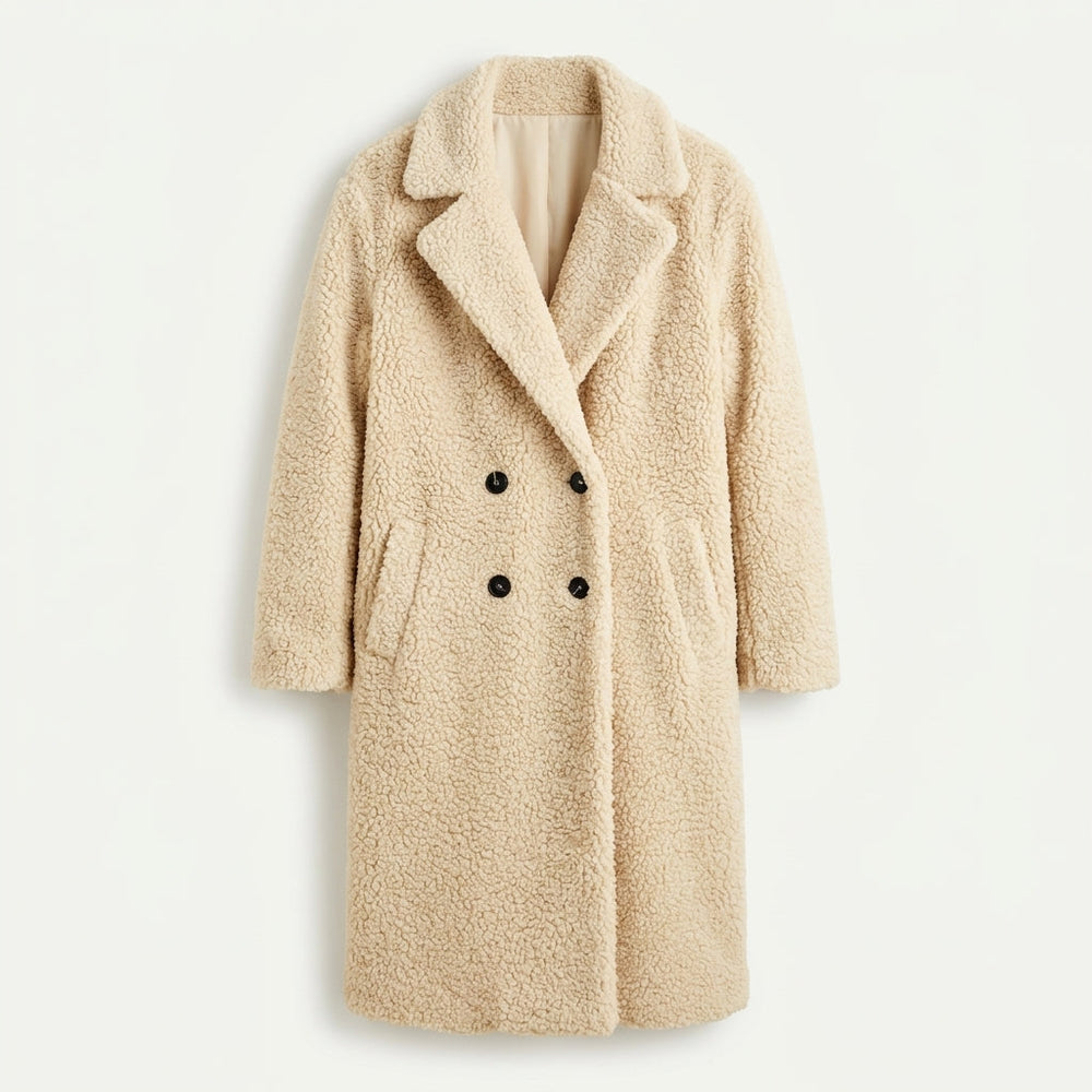 Teddy Coat Womens Long Fleece Button Front Notch Lapel Pockets - image 2