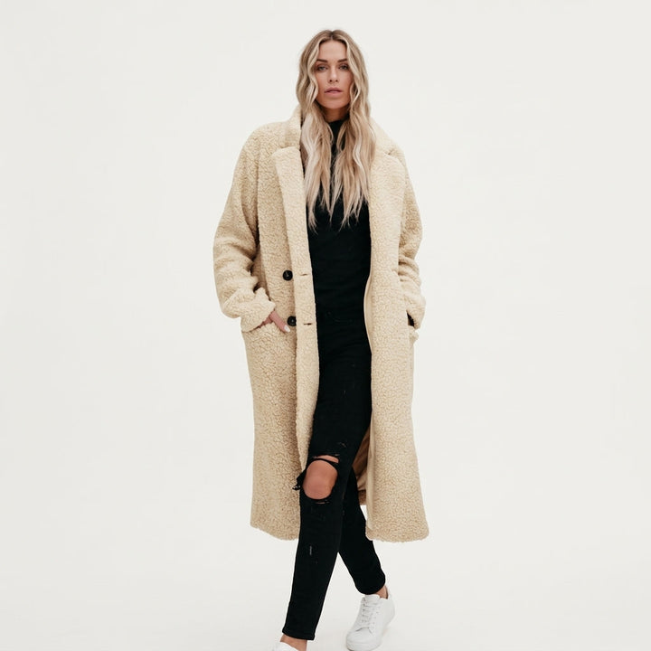 Teddy Coat Womens Long Fleece Button Front Notch Lapel Pockets - image 1