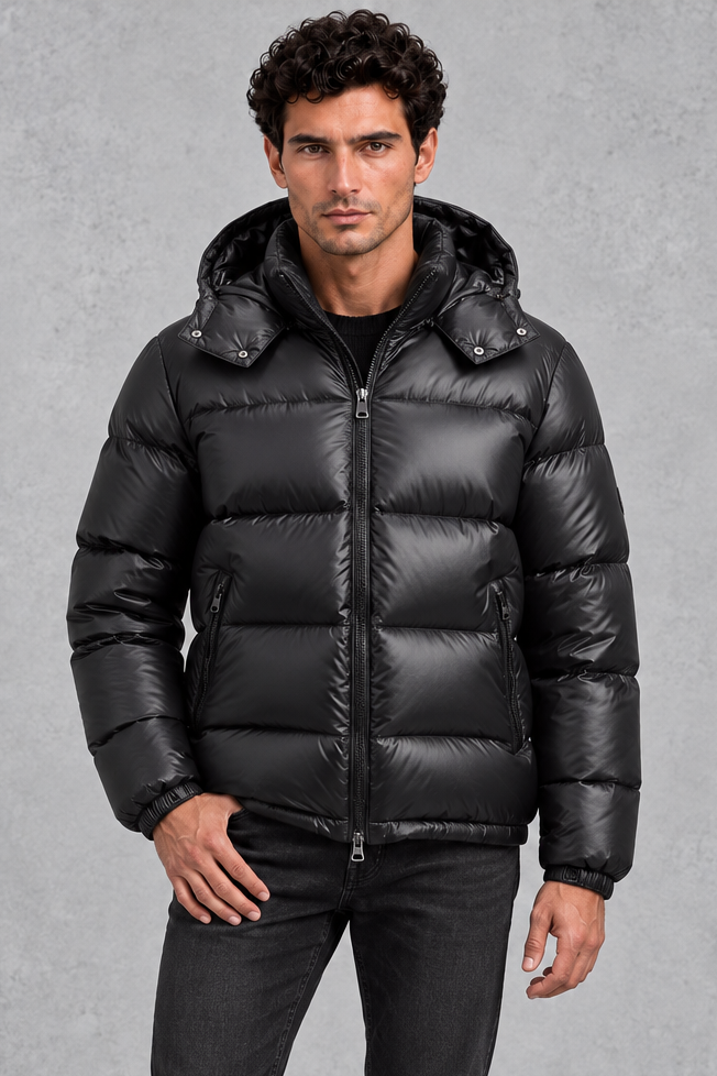 Puffer Jacket Mens Hooded Glossy Quilted Zip Pockets Elasticated Cuffs Boxy Fit - image 1