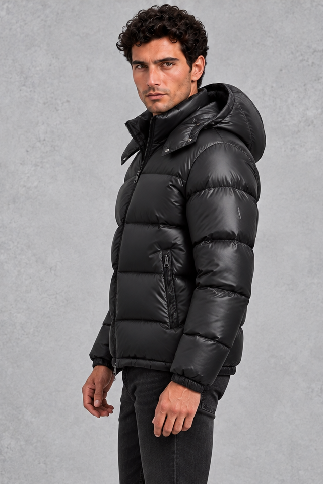 Puffer Jacket Mens Hooded Glossy Quilted Zip Pockets Elasticated Cuffs Boxy Fit - image 2