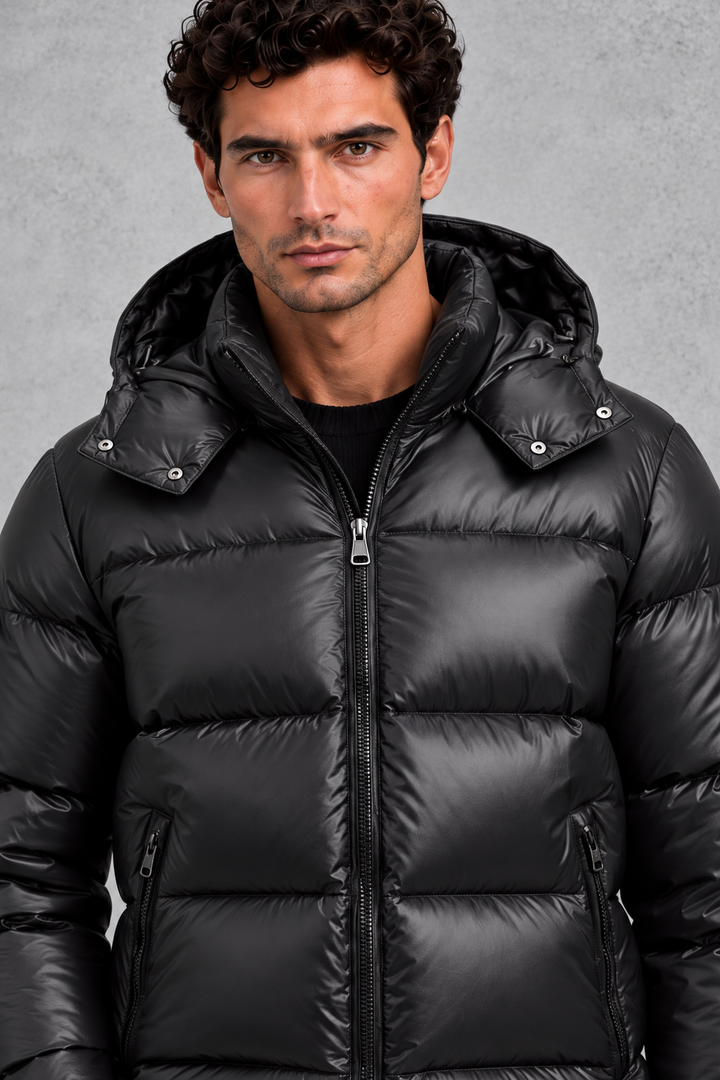 Puffer Jacket Mens Hooded Glossy Quilted Zip Pockets Elasticated Cuffs Boxy Fit - image 3