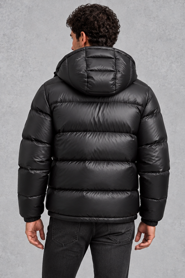 Puffer Jacket Mens Hooded Glossy Quilted Zip Pockets Elasticated Cuffs Boxy Fit - image 4