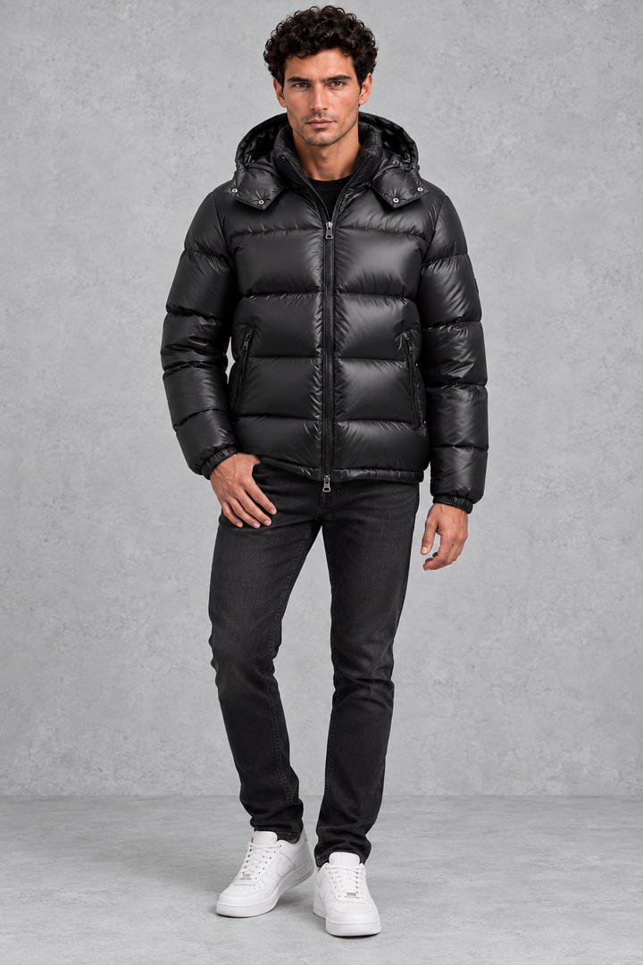 Puffer Jacket Mens Hooded Glossy Quilted Zip Pockets Elasticated Cuffs Boxy Fit - image 5